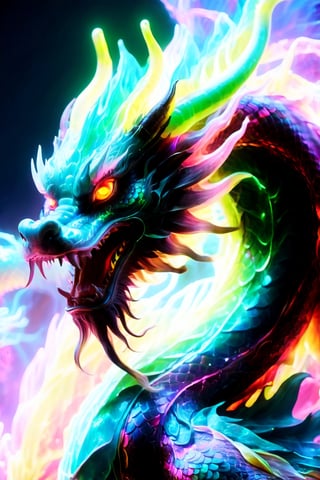 Spectral Chinese dragon, translucent body glowing, neon light aura, ethereal presence, vibrant neon colors, masterpiece quality, high detail, by FuturEvoLab, mystical atmosphere, dynamic pose, shimmering scales, (masterpiece: 2), ultra high resolution, Strong Backlit Particles, ,Chinese Dragon