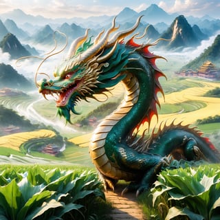 More majestic depiction of 'The dragon appearing in the field', traditional Chinese dragon with even more splendid scales and a more regal posture, prominently displayed against an expansive backdrop of lush fields, greater sense of visibility and awakening potential, even more majestic and formidable appearance, larger body coiling elegantly, more piercing gaze, further embodying wisdom and emerging power, richer and more fertile fields, enhancing significance of dragon's emergence, greater promise of growth and prosperity, by FuturEvoLab, (Masterpiece, Best Quality, 8k:1.2), (Ultra-Detailed, Highres, Extremely Detailed, Absurdres, Incredibly Absurdres, Huge Filesize:1.1), vivid and dynamic composition