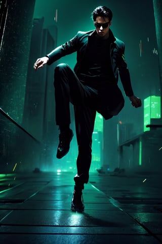 high-definition, dynamic, action-packed, 
1man, Matrix style, leaping, mid-air, all-black suit, black glasses, athletic build, intense expression, 
((depth of field)), urban skyline, futuristic cityscape, dark ambiance, digital code rain, neon lights, gorgeous movements, Code matrix cascading from top to bottom, by FuturEvoLab, 
gravity-defying, cyberpunk atmosphere, surreal, digital world, 