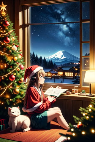 An illustration of a LOFI girl in a Christmas atmosphere, studying by a window in the early morning, in a style that can be either semi-realistic or anime. She is shown in profile, looking down at her homework with her right hand writing. She's wearing headphones and a Christmas hat, immersed in her music. Beside her is a Japanese Maneki-neko (lucky cat) with its left paw raised. The room has a cozy, festive ambiance. Outside the window, there's a view of Mount Fuji, a cluster of small houses, and numerous Christmas trees, capturing the essence of a Christmas morning. The image is ideal for a LOFI music background, ,Lofi style