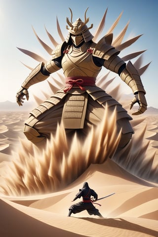 A ninja in realistic style performing Earth-style ninjutsu in the desert, summoning a grand and massive samurai made of sand and earth. The samurai stands towering and formidable, with detailed armor and a sword, showcasing the power and precision of the ninja's technique. The scene is set against a vast desert backdrop, with towering dunes and a clear sky, highlighting the epic scale of the summoned sand samurai. The image captures the essence of ancient warrior spirit blended with the realism of martial prowess.