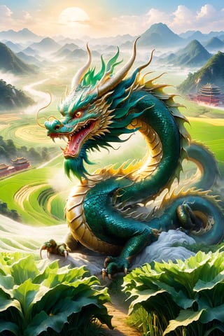 Striking depiction of 'The dragon appearing in the field', traditional Chinese dragon with splendid scales and regal posture, prominently displayed against lush fields, symbolizing visibility and awakening potential, majestic and formidable appearance, body coiling elegantly, piercing gaze, embodying wisdom and emerging power, rich and fertile fields, enhancing significance of dragon's emergence, promise of growth and prosperity, by FuturEvoLab, (Masterpiece, Best Quality, 8k:1.2), (Ultra-Detailed, Highres, Extremely Detailed, Absurdres, Incredibly Absurdres, Huge Filesize:1.1), vivid and dynamic composition,Chinese dragon