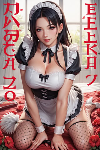 score_9, score_8_up, score_7_up,  1girl, maid, black hair, long hair, seducing viewer, feather duster, heart, curvy, maid headband, looking at the viewer, female focus, fishnets, posing, flowers, kneeling, red theme, from behind, magazine cover, ,Maid uniform