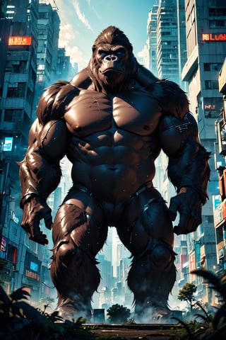 (Masterpiece:1.5), (Best quality:1.5), Cyberpunk style, full body, A towering King Kong, amidst a ruined city, bellows in fury. The massive creature, its fur a shimmering silver, muscles rippling beneath its majestic form, stands as a symbol of primal power and untamed beauty. This remarkable image is a digitally enhanced photograph, capturing every intricate detail with stunning clarity and depth. The backdrop of crumbling buildings and twisted metal only serves to enhance the gorilla's imposing presence, making it a truly unforgettable sight. With each pixel meticulously crafted, this image exudes a sense of awe and wonder, leaving viewers breathless in the face of such magnificence, King Kong, Magic Forest
