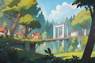 A landscape of ancient forests, giant houses, trees, andhonorable suspension bridgesBottom up shot of tree houses