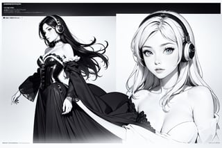 mechanical overwatch 2 character, girl with headphones,masterpiece, best quality, highres, titania1, 1girl, purple eyes, solo, cleavage, very long hair, large breasts, black hair, bare shoulders, detached sleeves, strapless dress, black dress, long dress, corset, , cowboy shot, forest,


character design sheet, character design, front view, side view, (same character from different angles), ((solid background, simple background color, flat background)),sadie,monochrome,line anime, fullbody, big face, big head, mature