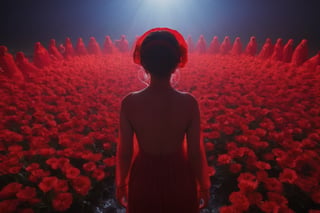In the center of a vast crowd, one woman stands out in her vibrant red plastic dress and headscarf, surrounded by numerous other individuals also plastic dressed in bright red. The sea of glowing red flower extends far into the background, creating a striking contrast with the central figure.,Movie Still,FlowerStyle,dark,zavy-rmlght