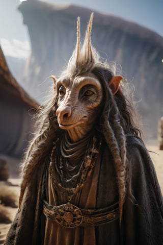 cinematic close up shot, powerful pose, intimidating look, a fantastical creature that blends the best of human, animal, and mythical traits, wearing a worn out robe, worn out old mage outfit, worn out scarfs flying in the air around the neck,
,alien,GHTEN,Glass Elements,zavy-rmlght,creature,fuzzy,Furry
