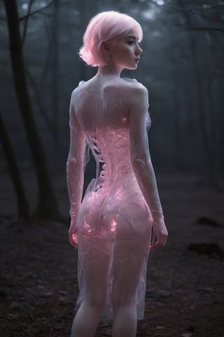 (style of James Jean and Hajime Sorayama),from behind,full body shot of an albino woman with transparent skin,glowing pink neon skeleton visible through the translucent dress in dark woods at night,soft misty light,Infrared Photos,film grain,
Cel Shading,Super-Resolution,Intricate Details,Insane Details,Hyper-detailed,
,
,zavy-rmlght