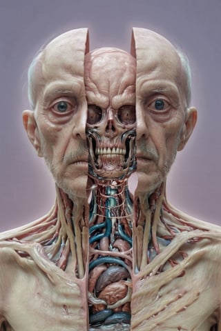 split head and body, alien inside the body of a old man , High detailed RAW color Photo, 8k, natural light ,split,vntblk