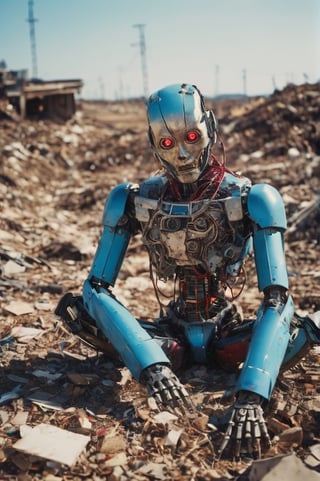 Photo of a broken ruined cyborg guy in a landfill, robot, body is broken with scares and holes,half the face is android,laying on the ground, creating a hyperpunk scene with desaturated dark red and blue details, colorful polaroid with vibrant colors, (vacations, high resolution:1.3), (small, selective focus, european film:1.2), art by Otomo Katsuhiro
