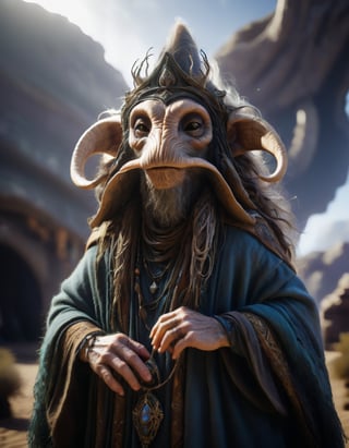 cinematic close up shot, powerful pose, intimidating look, a fantastical creature that blends the best of human, animal, and mythical traits, wearing a worn out robe, worn out old mage outfit, worn out scarfs flying in the air around the neck,
,alien,GHTEN,Glass Elements,zavy-rmlght,creature,fuzzy,Furry