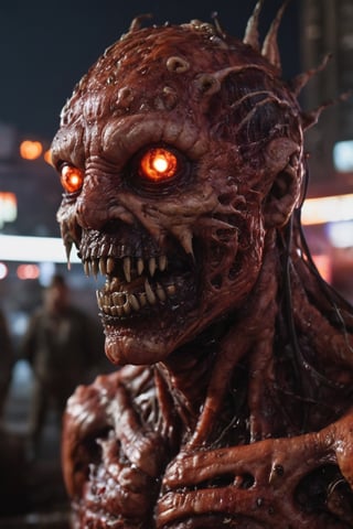 Hyperrealistic art RAW analog photo of humanoid neuraliisma organism, looking at viewer, big smile, lava skin, cyberpunk city at night on background (sharp focus, hyper detailed, highly intricate, physically based unbiased rendering), 
,InBlackHoleTechAI,made of r3psp1k3s,fx-monsters-xl-meatsack