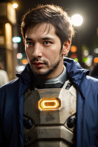 Portrait photo of muscular bearded guy in a worn mech suit, ((light bokeh)), intricate, (steel metal [rust]), elegant, sharp focus, photo by greg rutkowski, soft lighting, vibrant colors, (masterpiece), ((streets)), (detailed face:1.2), (glowing blue eyes:1.1)