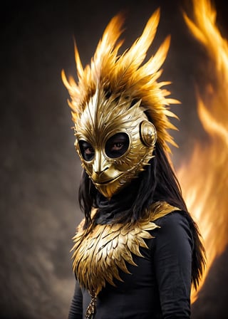  mask, a person standing in a gold fire mask 18th century,ral-bling,alien