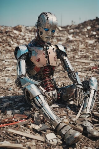 Photo of a broken ruined cyborg guy in a landfill, robot, body is broken with scares and holes,half the face is android,laying on the ground, creating a hyperpunk scene with desaturated dark red and blue details, colorful polaroid with vibrant colors, (vacations, high resolution:1.3), (small, selective focus, european film:1.2), art by Otomo Katsuhiro
