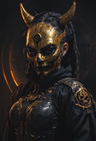 closeup, Lenticular, DARK, Low Angle View,. a hkstyle woman with rotten horned Guy fawkes oni mask and a outworn detailed old high collar cyberpunk Samurai jacket, translucent amber Horns, one top Hairbun, glowing hair, Large linen cape ,surrounded by a detailed monochrome spacescape with translucent dark-amber Highlights, hyper-detailed, sharp, high resolution, high quality, 32K, Ultra realistic, HD, super detailed, line art, abstract style
,vntblk,black