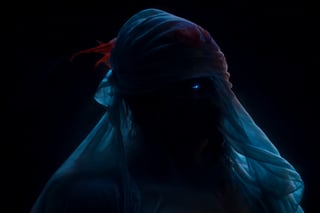 full body profile, a man wrapped his whole body with flowing soft cloth, His eyes covered by a translucent cloth, blindfolded, eyes glowing blue through the cloth, mystery and intrigue. His magical long red hair is spiky, hair is glowing, dark, ethereal quality, expressive, artistic, aesthetic, volumetric lighting, , , , 
,chiaroscuro,neon photography style