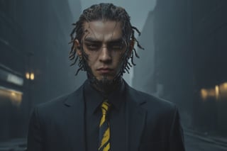 HDR photo of fashion portrait of a mixed race early 20s cyberpunk male, wearing a dark executive suit, mechanical arms, zavy-cbrpnk, faceplate, yellow power tie, wearing glasses, short dreadlocks, standing on a street corner, waist up body shot, , . High dynamic range, vivid, rich details, clear shadows and highlights, realistic, intense, enhanced contrast, highly detailed,cyberpunk,Glass Elements,(Transperent Parts),xuer film still