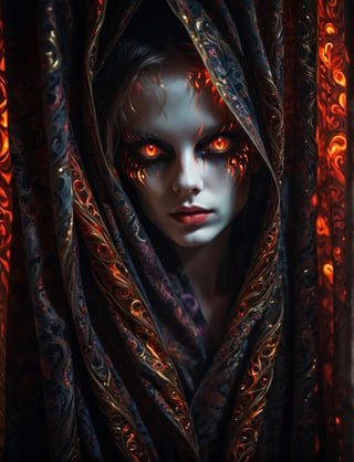 RAW photo, demon girl, beautiful glowing eyes, macro shot, masterpiece, peeking from behind curtains, colorful details, award winning, high detailed, 8k, natural lighting, analog film, detailed skin, amazing composition, intricate details, subsurface scattering, velus hairs, amazing textures, filmic, chiaroscuro, soft light
,monster,futuristic alien