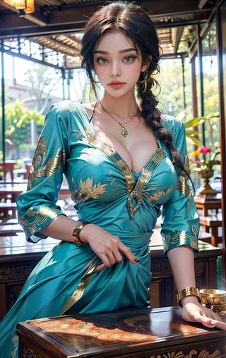 Protrait, photograph, androgynous hunnuman, oval jaw, delicate features, beautiful face, dreadlocked hair, long bangs, long ponytail, bright blue-green eyes, hindu art, Korean, venezuelan, dark_hair, m4d4m, Realism, traditional clothing, elegant, see through sheer dress, white and gold, gold bracelets, vibrant patterns, handmade textiles, cultural motifs, beaded jewelry, artisanal accessories, nijistyle, massive Breasts, (massive breast:1.5), bimbo breast, torpedo breast, emerald_eyes, dynamic long hair, large curls, midjourney