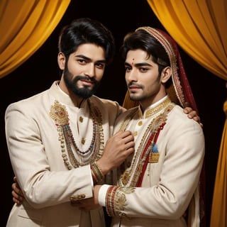 realistic, ((masterpiece)), ((best quality)), (detailed), beautiful lighting, detailed background, photorealistic, (medium full shot), exquisite facial features, prefect face, ((2male)), handsome, beard, looking at viewer, Vibrant Indian gay wedding: colorful festivities, intricate traditional attire, lively music and dance, ornate decorations, elaborate rituals, joyous family celebrations, symbolic ceremonies, diverse cultural traditions, the union of two families in a tapestry of rich colors and traditions,