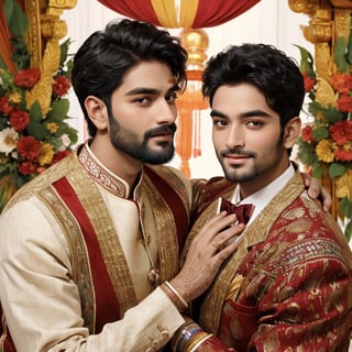 realistic, ((masterpiece)), ((best quality)), (detailed), beautiful lighting, detailed background, photorealistic, medium full shot, exquisite facial features, prefect face, ((2male)), handsome, beard, looking at viewer, Vibrant Indian gay wedding: colorful festivities, intricate traditional attire, lively music and dance, ornate decorations, elaborate rituals, joyous family celebrations, symbolic ceremonies, diverse cultural traditions, the union of two families in a tapestry of rich colors and traditions,