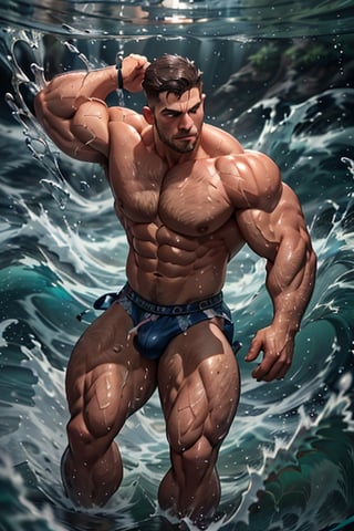realistic, masterpiece, best quality, natural lighting, soft shadow, insane detail, detailed background, professional photography, depth of field, intricate, detailed face, subsurface scattering, realistic hair, realistic eyes, muscular, masculine, hairy chest, handsome man, hydr0mancer, water, hydrokinesis, male focus, greaves, wearing underwear, big bulges, black hair, in the ocean, pectorals, abs, bracers,hydr0mancer