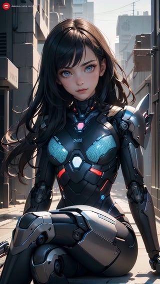 (best quality, masterpiece, colorful, dynamic angle, highest detailed)upper body photo, full body photo, fashion photography of cute  1girl, mechanical arms, cyborg, dark mood, dystopia, glowing, looking at viewer, sitting, long hair, bokeh (intricate details, hyperdetailed:1.15), detailed, light passing through hair, (official art, extreme detailed, highest detailed),
