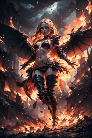 Highres, best quality, extremely detailed, area lighting in background, HD, 8k, 1girl, bikini armor, fiery eyes, overlooking an army, horror style, area lighting in background, flame dress, large burning feather wings, (levitating:1.2) portrait
