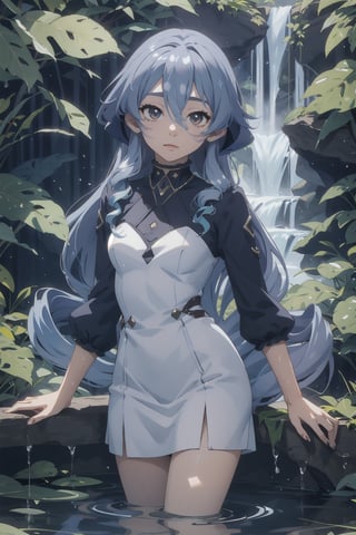 Anime, HD silver hair, Petite body, super cute face,detailed face, 8k uhd quality, Full frame, beautiful body, hi-res blue pupil, Full body view, perky breasts, clothed_partially, cowboyshot, relaxing in the forest, water_fall