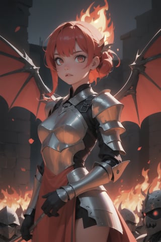 Highres, best quality, extremely detailed, area lighting in background, HD, 8k, 1girl, armor, fiery eyes, overlooking an army, horror style, area lighting in background, (flame dress:1.2), flame wings