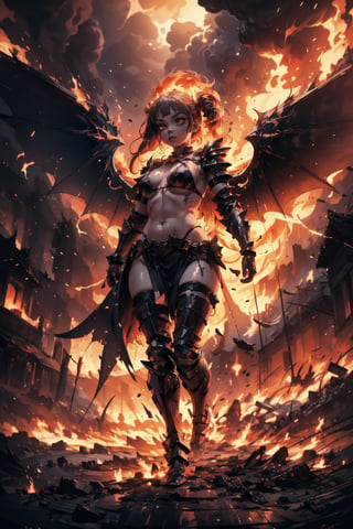 Highres, best quality, extremely detailed, area lighting in background, HD, 8k, 1girl, fiery eyes, bikini armor, overlooking an army, horror style, area lighting in background, flame dress, large burning wings, (wings made of fire:1.2)(levitating:1.2) hovering above ground