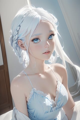 (Centerfold, Albino, (White hair, french braid), (light blue muslin camisole), in a studio envionment, sidelighting, excellent detailing, detailed faces, (unconventional perspective), attention to design, attention to mood, attention to composition, (visually cohesive),(high artistic skill), (high artistic ability), (expert craftsmanship), pose how you want, (highquality)
