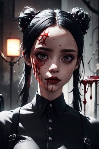 Highres, best quality, extremely detailed, area lighting in background, HD, 8k, 1girl, cute, goth, blood splattering, bloody, bloody face,Wednesday Addams  , twin_tails