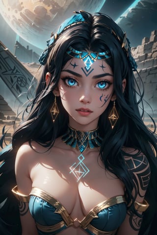 Highres, best quality, extremely detailed, area lighting in background, HD, 8k, extremely intricate:1.3), realistic, SMALL BODY, CUTE, (portrait:1.2) (sexy Cleopatra), (sexy, skimpy, sheer, fantasy Egyptian costume), (colorful), (fantasy Egyptian cosmetics), full_body, T-pose, dynamic pose,outdoors, (night:1.2), moon light, desert setting, Pyramid in background, Detailedface, (perfectly drawn eyes:1.2), nsfw,GlowingRunes_blue, (runes:1.2), body tattoo
