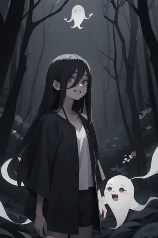 (masterpiece, best quality), 1girl, loli, cute, Sadako, goth, cowboy_shot, happy, playful, dark and gloomy forest, ghosts, night, scary, floating, floating_hair