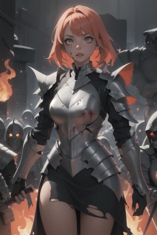 Highres, best quality, extremely detailed, area lighting in background, HD, 8k, 1girl, armor, fiery eyes, overlooking an army, horror style, area lighting in background, torn clothes, absurdress, blood