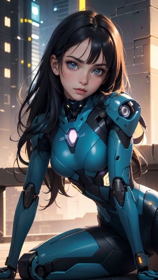 (best quality, masterpiece, colorful, dynamic angle, highest detailed)upper body photo, full body photo, fashion photography of cute  1girl, mechanical arms, cyborg, dark mood, dystopia, glowing, looking at viewer, sitting, long hair, bokeh (intricate details, hyperdetailed:1.15), detailed, light passing through hair, (official art, extreme detailed, highest detailed),
