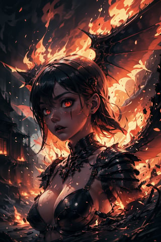 Highres, best quality, extremely detailed, area lighting in background, HD, 8k, 1girl, fiery eyes, bikini armor, overlooking an army, horror style, area lighting in background, flame dress, large burning wings, (wings made of fire:1.2)(levitating:1.2) portrait