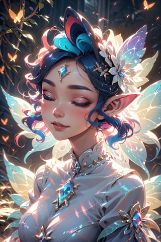 fairy, butterfly_wings,gem,vibrant colors, (((bride))), looking_at_viewer , facing front, closed_eyes, light smile,night, soft lighting, Detailedface, (portrait:1.2), GlowingRunes_blue