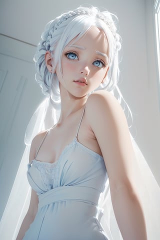 (Centerfold, Albino, (White hair, french braid), (light blue muslin camisole), in a studio envionment, sidelighting, excellent detailing, detailed faces, (unconventional perspective), attention to design, attention to mood, attention to composition, (visually cohesive),(high artistic skill), (high artistic ability), (expert craftsmanship), pose how you want, (highquality) topless
