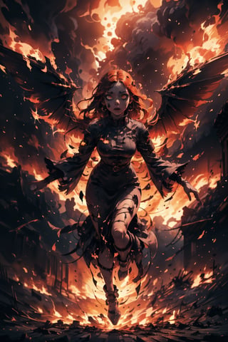 Highres, best quality, extremely detailed, area lighting in background, HD, 8k, 1girl, fiery eyes, overlooking an army, horror style, area lighting in background, flame dress, large burning wings, (levitating:1.2) hovering above ground