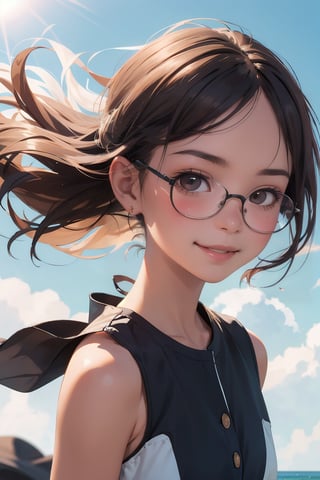 (masterpiece, best quality), 1girl,  immatsuri, glasses, sleeveless, under the sun, wind blowing her hair, sweet smile
