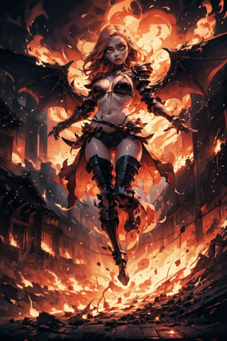 Highres, best quality, extremely detailed, area lighting in background, HD, 8k, 1girl, bikini armor, fiery eyes, overlooking an army, horror style, area lighting in background, flame dress, large burning wings, (levitating:1.2) portrait