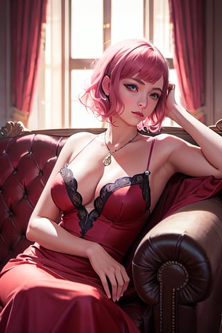 photorealistic:1.37, masterpiece, best quality, raw photo, absurdres, uhd, 1girl, cleavage, intricate detail, detailed background, detailed skin, detailed face, high_resolution, sitting at a luxury sofa, wearing modest red dress, short pink hair 