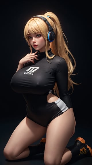 (best quality), (masterpiece), (realistic), fromabove,(detailed),best_body, ultra HD, hot woman, massive heavy boobs, thick-thighs, curvy_figure ,wearing gaming headphone, wearing gaming clothes, blond_hair, long_ponytail, black background, two peice clothes, sexy pose, little red in outfit, kneeling_down, leg_spread
