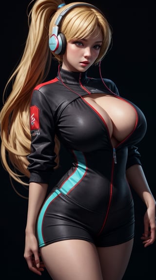 (best quality), (masterpiece), (realistic), fromabove,(detailed),best_body, ultra HD, hot woman, massive heavy boobs, thick-thighs, wearing gaming headphone, wearing gaming clothes, blond_hair, long_ponytail, black background, two peice clothes, sexy pose