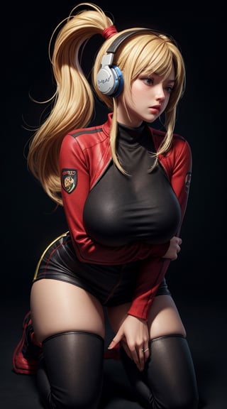 (best quality), (masterpiece), (realistic), fromabove,(detailed),best_body, ultra HD, hot woman, massive heavy boobs, thick-thighs, curvy_figure ,wearing gaming headphone, wearing gaming clothes, blond_hair, long_ponytail, black background, two peice clothes, sexy pose, little red in outfit, kneeling_down, leg_spread
