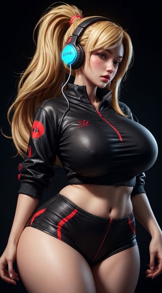 (best quality), (masterpiece), (realistic), fromabove,(detailed),best_body, ultra HD, hot woman, massive heavy boobs, thick-thighs, wearing gaming headphone, wearing gaming clothes, blond_hair, long_ponytail, black background, two peice clothes